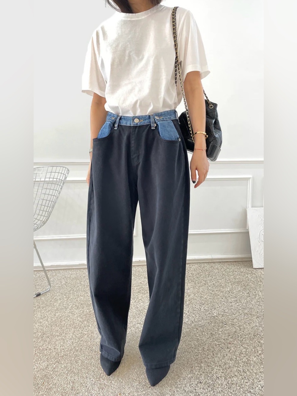 HAYLA CONTRAST DENIM PANTS - BLACK/BLUE, XL/XXL